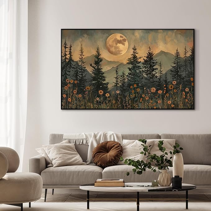 36"x60" XL Framed Wall Art - Enchanted Forest Nightscape with Moon Nature (Frame Assembly Required)