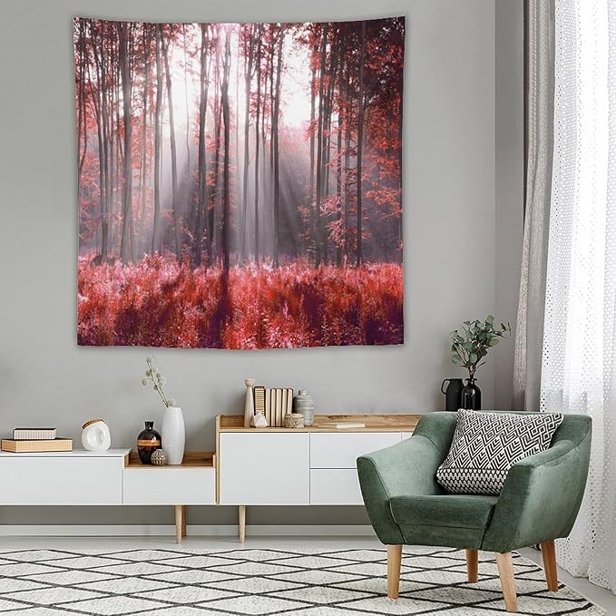 ZhiRain Red Forest Tapestry Wall Hanging Season Foggy Nature And Enchanted Woods Wild Trees Print Tapestries Home Decor for Living Room Bedroom Apartment Farmhouse Dorm 60"x60"