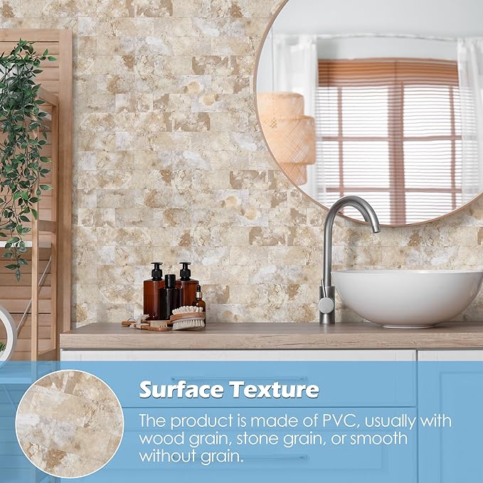 10-Pack Peel and Stick Tile Backsplash 12"X12" PVC Wall Tiles, Stick on Backsplash for Kitchen, Bathroom Tile, Fireplace Décor, Laundry Table, Stair Decals in Ecru Stone