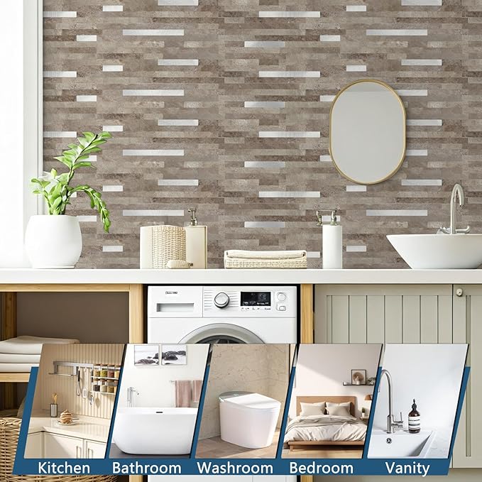 Yipscazo 20 Sheets PVC Wall Tiles Stick on Tiles for Backsplash Kitchen, Bathroom, Laundry Room, Camper, Fireplace (6'' X 12'', Brownish Stone)