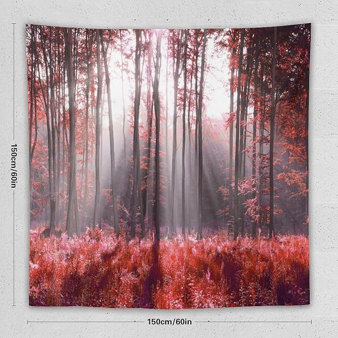 ZhiRain Red Forest Tapestry Wall Hanging Season Foggy Nature And Enchanted Woods Wild Trees Print Tapestries Home Decor for Living Room Bedroom Apartment Farmhouse Dorm 60"x60"