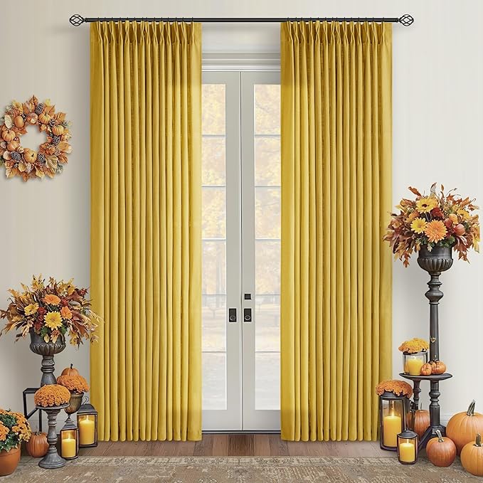 80 Inch Pinch Pleated Linen Curtains 2 Panels for Living Room Bedroom Boho Farmhouse Mustard Yellow Semi Sheer Back Tab Pinch Pleat Hooks Rings Window Curtain Harvest Gold Yellow Spring Decor