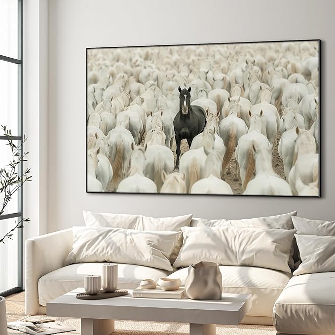 46"x72" XL Framed Wall Art - Unique Black Horse Amidst White Herd Animal (Frame Assembly Required)
