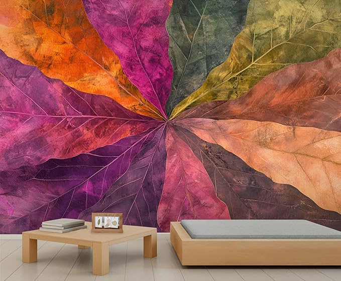 Abstract Colorful Gradient Leaves Wall Mural, Marble Texture Mural Wallpaper, Nordic Creative Art Large Wallpaper for Bedroom Living Room Dining Room Wall Decor 118" W x 83" H
