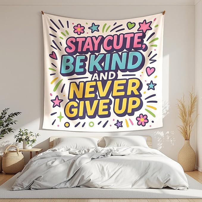 Xolytar Preppy Y2K Tapestry Stay Cute Be Kind - Funky Colorful Doodle Aesthetic, Cute Motivational Quote Wall Art for Teen Girls Bedroom, Indie Kid Dorm Decor (50x60)
