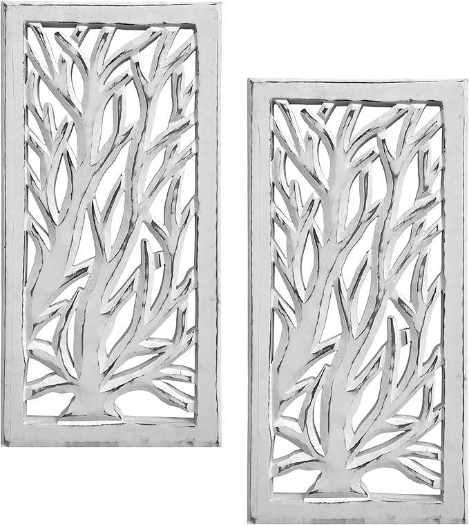 Wood Wall Art - Wall Panels in Handcrafted Carved Wood For Livingroom Bedroom,Dining room,Elegant Decorative Wall Art for Home & Office 8x16" Set of 2 White Antique_Tree Leaf Designs