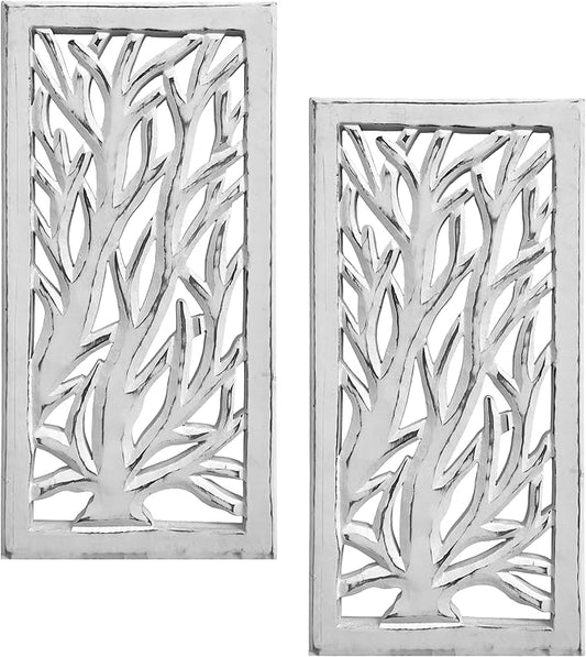Wood Wall Art - Wall Panels in Handcrafted Carved Wood For Livingroom Bedroom,Dining room,Elegant Decorative Wall Art for Home & Office 8x16" Set of 2 White Antique_Tree Leaf Designs