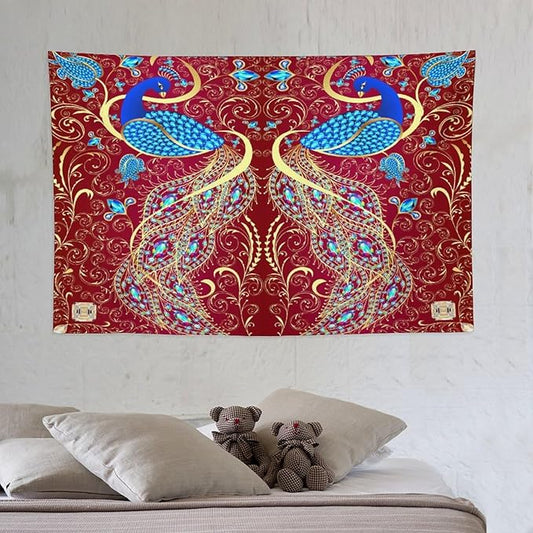 ZhiRain Peacock Ornament Tapestry Wall Hanging Golden Red Background Elegant Bohemian Style Tapestries Home Decor for Living Room Bedroom Farmhouse Apartment Dorm 40"x60"