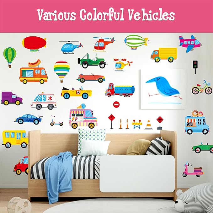 105 PCS Vehicle Wall Stickers, Self-Adhesive Vinyl Transportation Decals-Cars Buses Trucks Planes Road Signs, Colorful Wall Decors for Kids Room, Playroom, Classroom, Boys & Girls