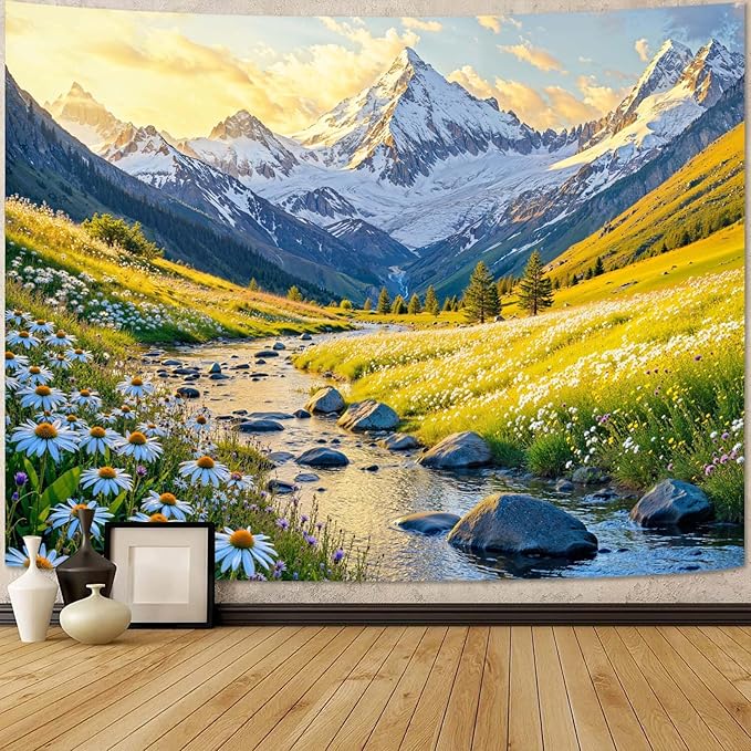 Zussun Nature Mountain Tapestry Daisy Flower Yellow Meadow Tapestry for Bedroom Aesthetic Sunlit Valley Snowy Stream Landscape Large Tapestries Wall Hanging for Dorm Living Room Decor 80 x 60 Inch