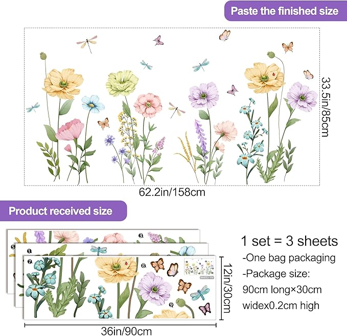 Watercolor Poppy Flower Wall Decals Garden Floral Wall Stickers Colorful Wildflower Butterfly Wall Art Decor Removable Boho Wisteria Peel and Stick Wall Murals for Kids Bedroom Nursery Home Decoration