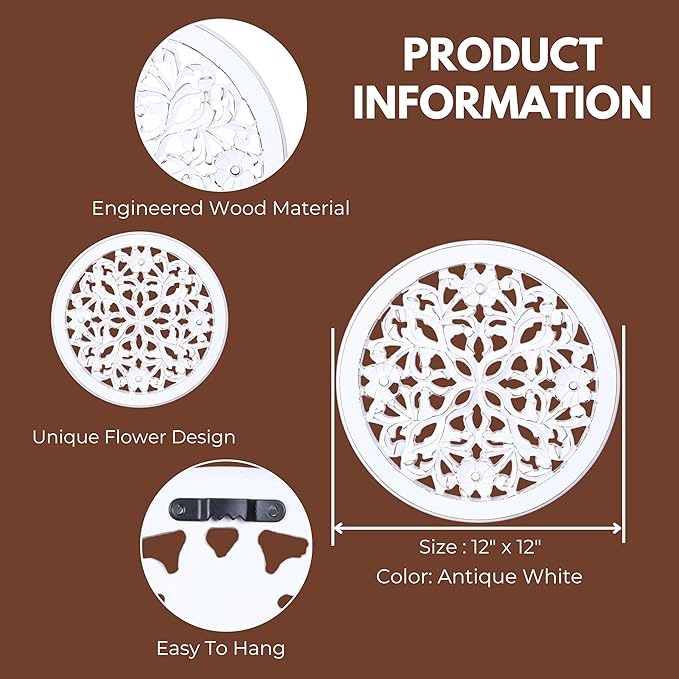 Wood Wall Art - Wall Panels in Handcrafted Carved Wood For Livingroom Bedroom,Dining room,Elegant Decorative Wall Art for Home & Office 12x12" Set of 6 white Antique