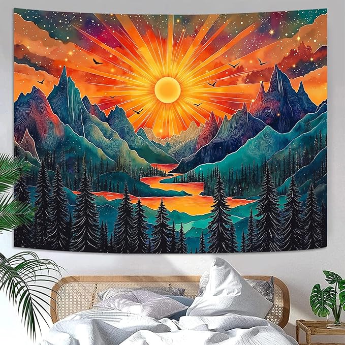 Zussun Vintage Sun Mountain Tapestry Hippie Boho Nature Forest Tree Wall Tapestry for Bedroom Aesthetic Sunset River Landscape Large Tapestries Wall Hanging for Dorm Living Room Decor 80 x 60 Inch