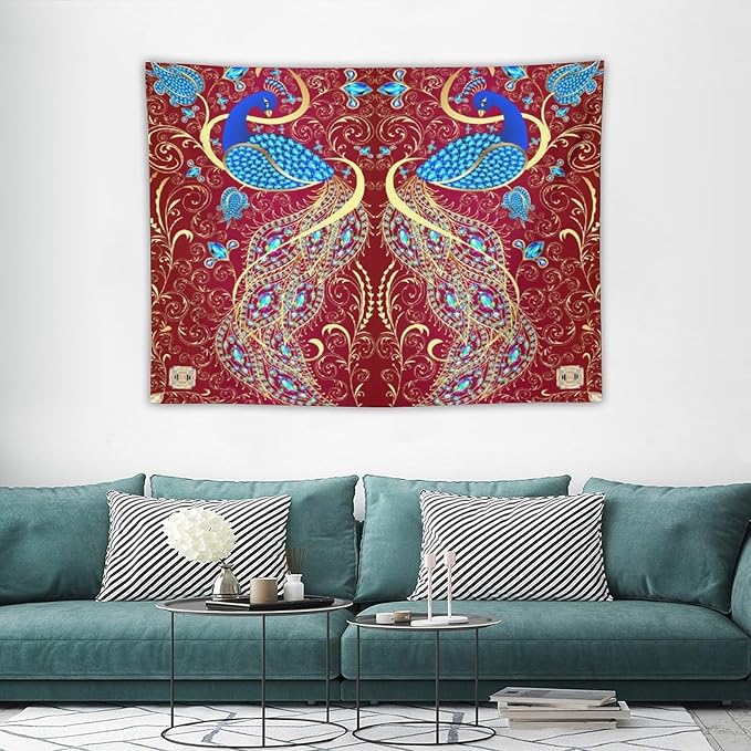 ZhiRain Peacock Ornament Tapestry Wall Hanging Golden Red Background Elegant Bohemian Style Tapestries Home Decor for Living Room Bedroom Farmhouse Apartment Dorm 30"x40"