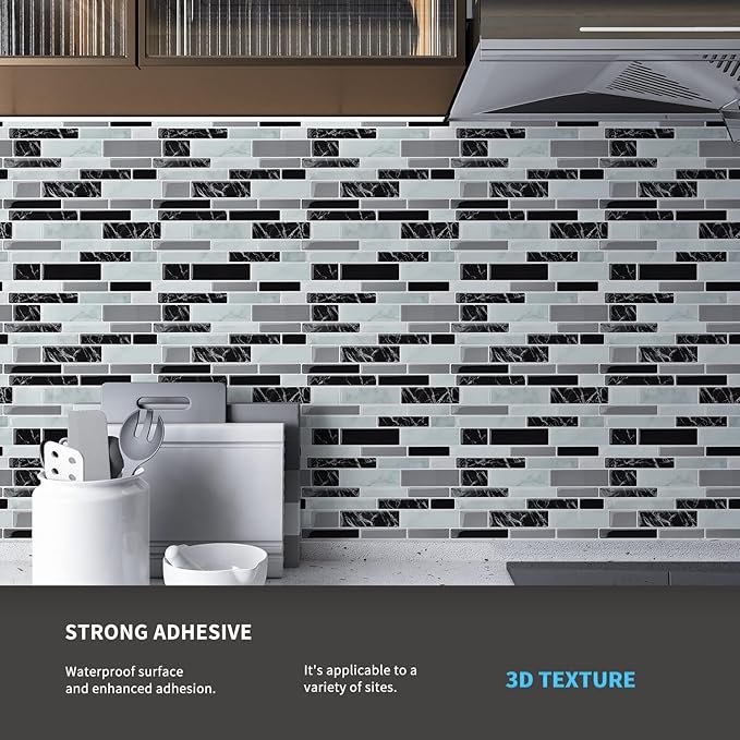 Art3d 11.8"x 11.8" Peel and Stick Vinyl Tiles, Self Adhesive Removable Stick On Kitchen Backsplash, Marble Black (10-Sheet)