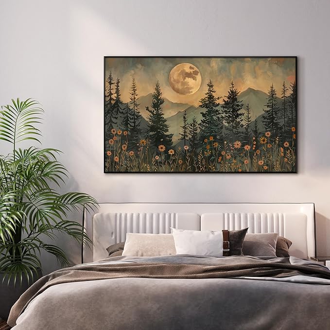 36"x60" XL Framed Wall Art - Enchanted Forest Nightscape with Moon Nature (Frame Assembly Required)