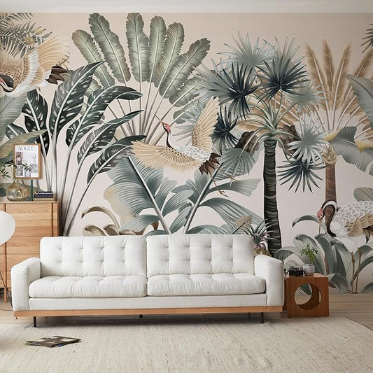 Zeeko Tropical Wall Mural 148" W x 110" H Jungle Forest Peel and Stick Wall Mural Self-Adhesive Crane & Palm Tree Leaf Design Removable Large Wallpaper for Bedroom Living Room Accent Wall