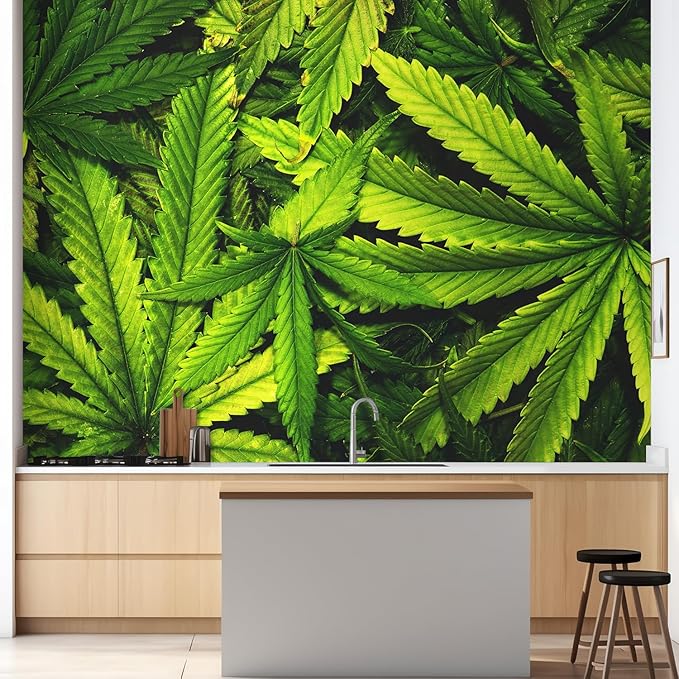 wall26 Cannabis Texture Marijuana Leaf Pile Background with Flat Vintage Style Removable Wall Mural Self-Adhesive Large Wallpaper - 48x72 inches