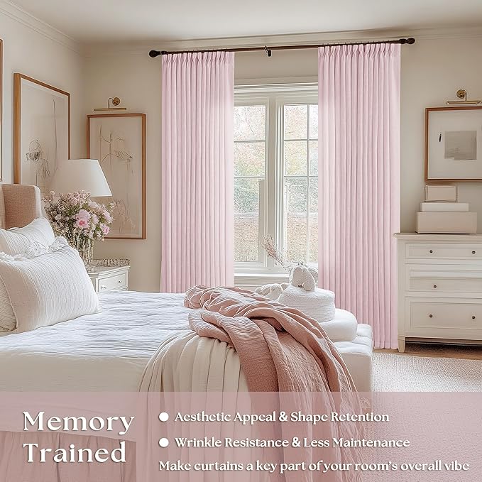 80 Inch Pink Pinch Pleated Semi Sheer Curtains for Girls Bedroom Living Room Pleat Memory Shape Trained Light Filtering Linen 80 Inch Curtains Drape Window Panels Baby Pink Blush Nursery
