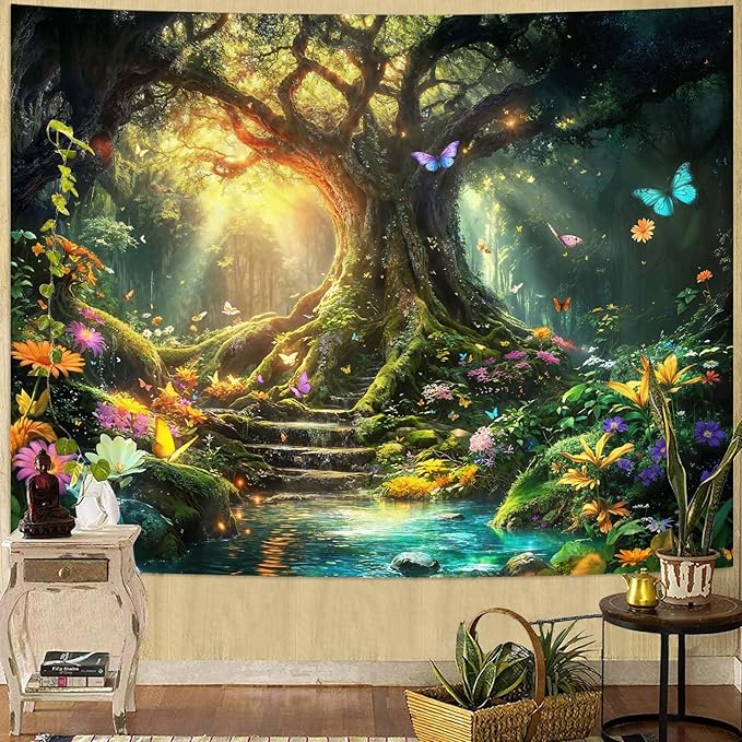 Zussun Fantasy Forest Tapestry Green Tree of Life Fairy Wall Tapestry for Bedroom Aesthetic Nature Floral Butterfly Small Tapestries Wall Hanging for Dorm Living Room Decor 60 x 44 Inch