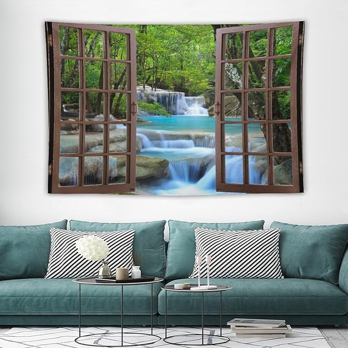 ZhiRain Waterfall Tree Landscape Tapestry Wall Hanging Natural Scenery Forest Garden Spring Stone River Tapestries Home Decor for Living Room Bedroom Apartment Farmhouse Dorm 60"x90"