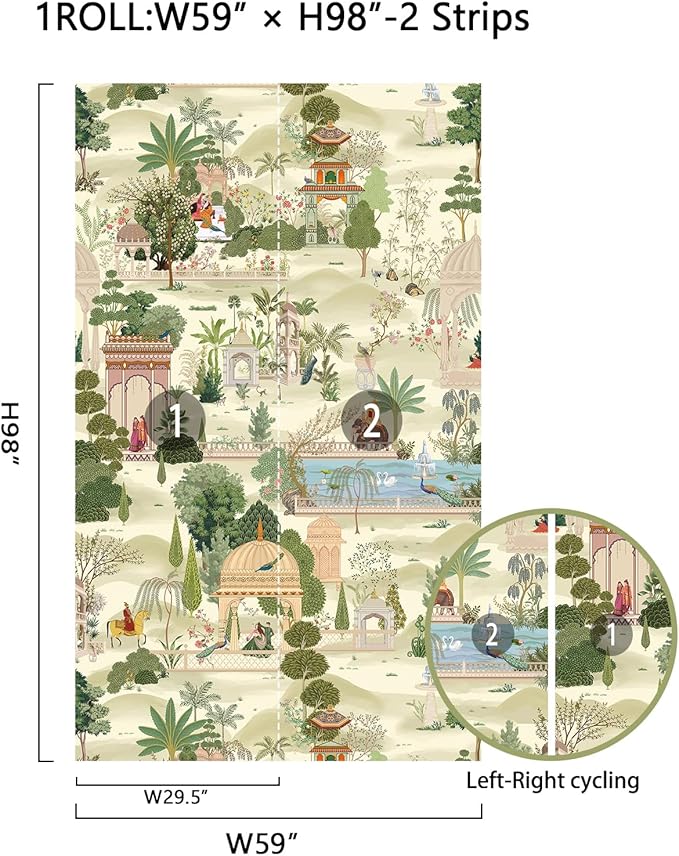 Zeeko Exotic Tropical Green Wall Mural Peel and Stick 59" W x 98" H Botanical Indian Garden Canvas Waterproof Self-Adhesive Removable Wallpaper for Hallway Large Art Wall Decor