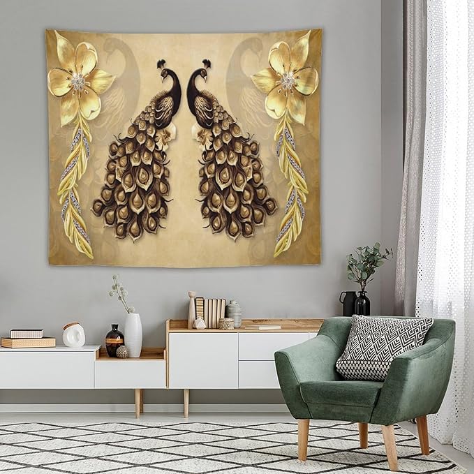 ZhiRain Gold Peacock Tapestry Wall Hanging Vintage Bird Rustic Animal Elegant Flower Luxury Tapestries Home Decor for Living Room Bedroom Farmhouse Apartment Dorm 50"x60"