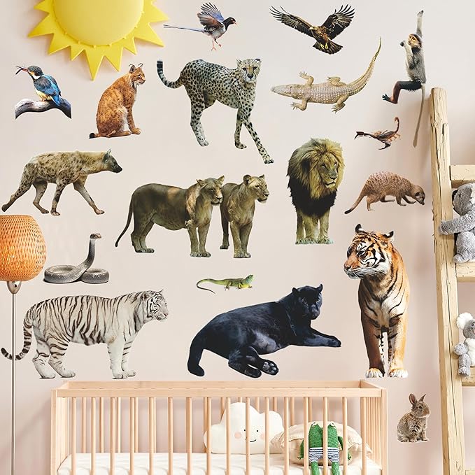 AM AMAONM Removable 3D Nature Jungle Wild Animals Wall Stickers DIY Peel and Stick Safari Tiger Lion Elephant Wall Decals Aniaml Wall Art Decor for Kids Baby Bedroom Nursery Living Room (Wild Animal)