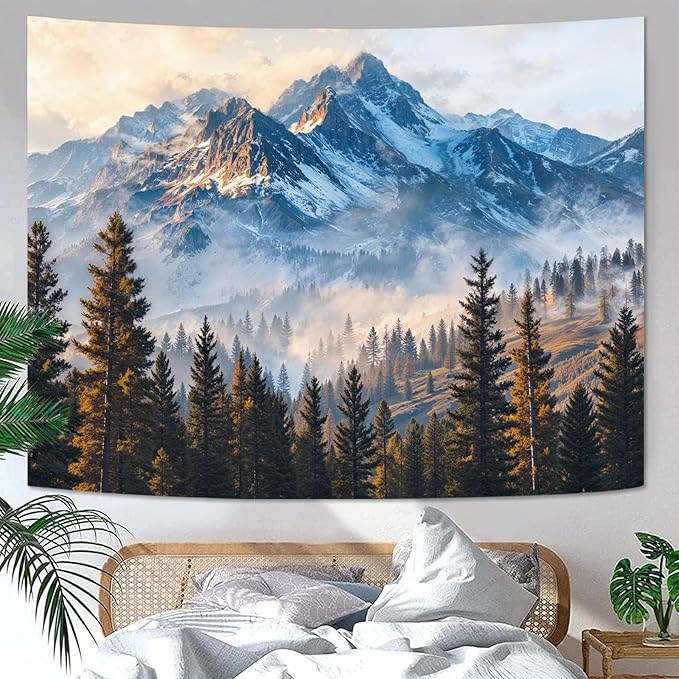 Zussun Nature Forest Mountain Tapestry Misty Pine Tree Woodland Wall Tapestry for Bedroom Aesthetic Snowy Mountain Landscape Large Tapestries Wall Hanging for Dorm Living Room Decor 80 x 60 Inch