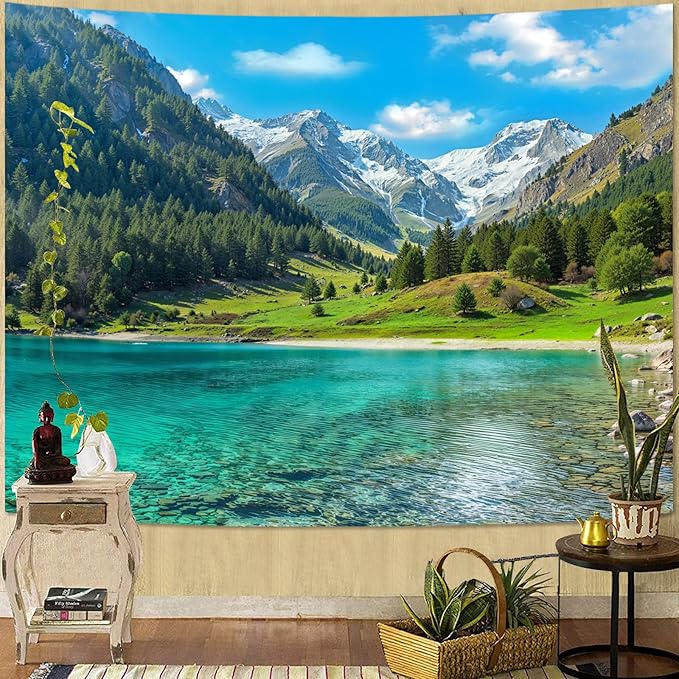 Zussun Nature Forest Mountain Tapestry Lush Green Pine Tree Lake Tapestry for Bedroom Aesthetic Meadow Mountain Landscape Large Tapestries Wall Hanging for Dorm Living Room Decor 80 x 60 Inch