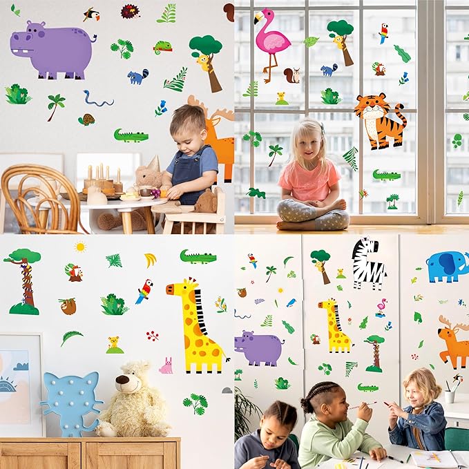 113 PCS Animal Wall Stickers, Self-Adhesive Vinyl Decals-Zebra, Flamingo, Giraffe, Lion, Elephant, Deer, Tiger, Hippo & Plants, Jungle Animals Decors for Baby Nursery, Kids Room, Playroom, Classroom