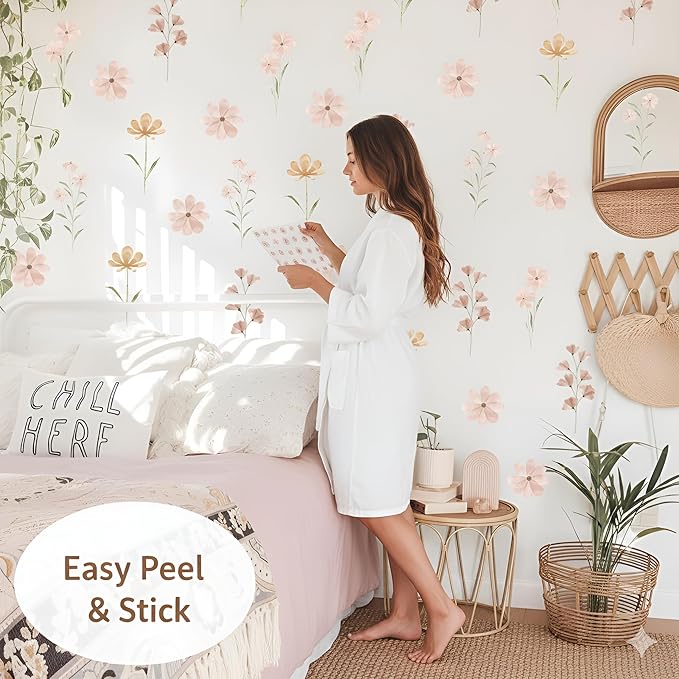 48 PCS Boho Flower Stickers Daisy Wall Decals for Girls' Rooms, Playrooms, and Nurseries Dual Layer Print for High Coverage Removable Peel and Stick Wall Decor