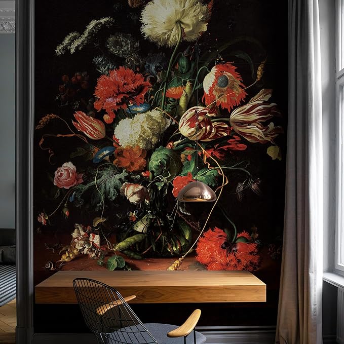 Zeeko Dark Floral Peel and Stick Wall Murals 59" W x 98" H Vintage 3D Flowers Wallpaper Self Adhesive Nature Botanical Wall Art for Bedroom TV Background Living Room Decor