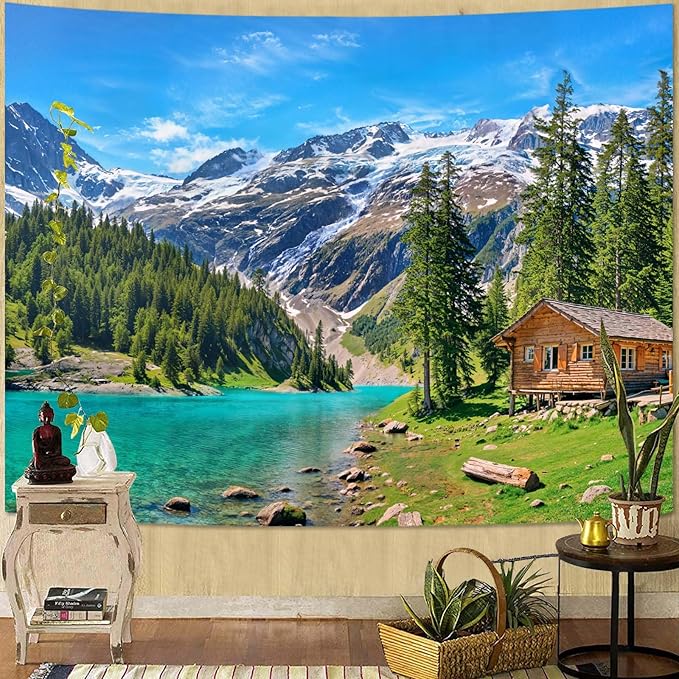 Zussun Nature Mountain Forest Tapestry Green Pine Tree Stream Wall Tapestry for Bedroom Aesthetic Wooden Cabin Snowy Landscape Large Tapestries Wall Hanging for Dorm Living Room Decor 80 x 60 Inch