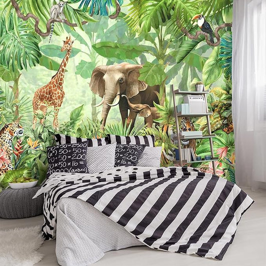 YIHWM -Green Rainforest Plants Animals Tiger Cloth Wallpaper Jungle Plants Banana Leaves Boys Girls Kindergarten Children's Room Large Mural- 137"x96"（ not Peel and Stick）