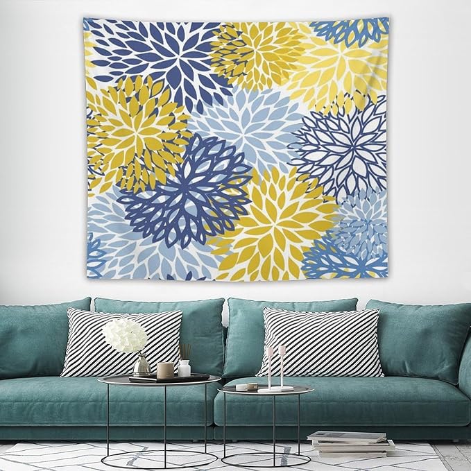 ZhiRain Blue Yellow Floral Tapestry Wall Hanging Boho Dahlia Chrisanthemum Flowers Pattern Tapestries Home Decor for Living Room Bedroom Farmhouse Apartment Dorm 50"x60"