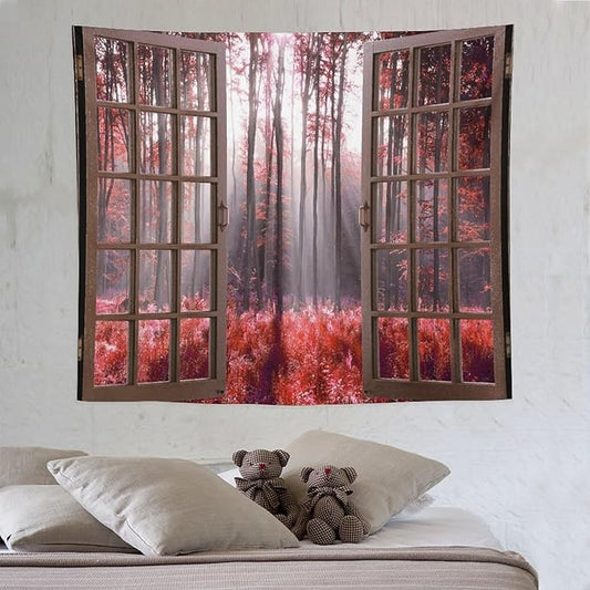 ZhiRain Red Forest Tapestry Wall Hanging Season Foggy Nature And Enchanted Woods Wild Trees Print Tapestries Home Decor for Living Room Bedroom Apartment Farmhouse Dorm 50"x60"