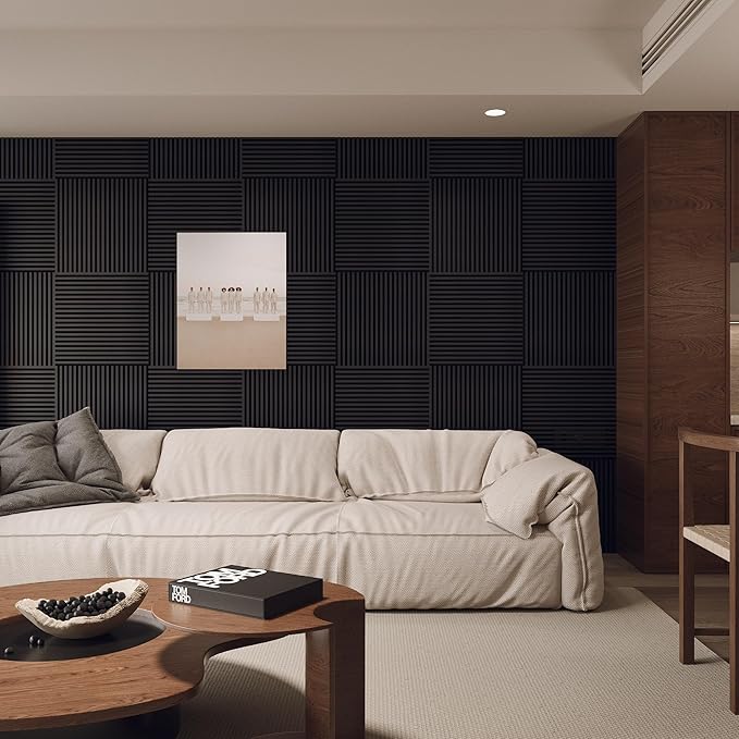 Acoustic Panels,Wood Slat for Wall & Soundproofing Wall Panels，3D Wall Panels High Density Sound Dampening Panels，4 Pack 24"x24" ，Black