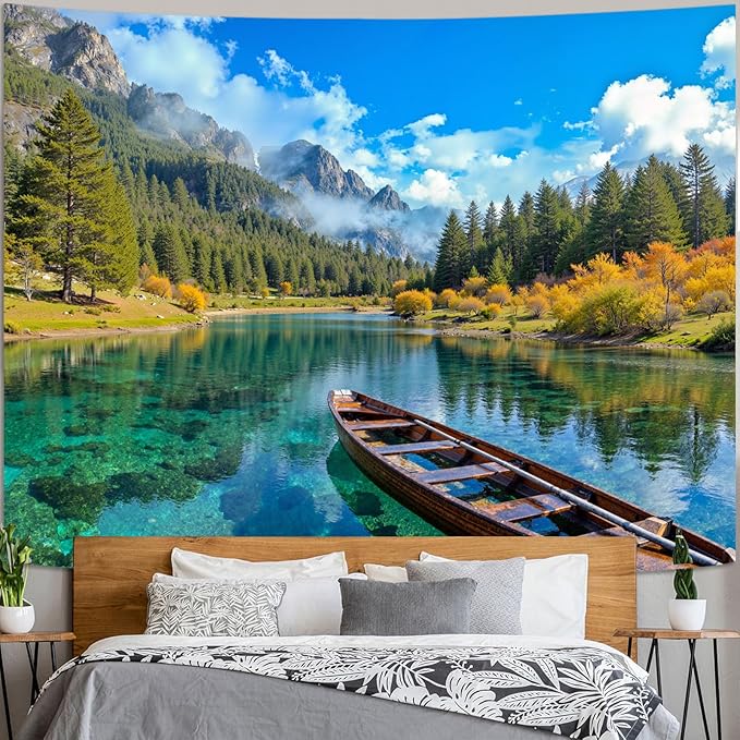 Zussun Nature Mountain Forest Tapestry Green Pine Tree Wall Tapestry for Bedroom Aesthetic Stream Boat Landscape Large Tapestries Wall Hanging for Dorm Living Room Decor 80 x 60 Inch