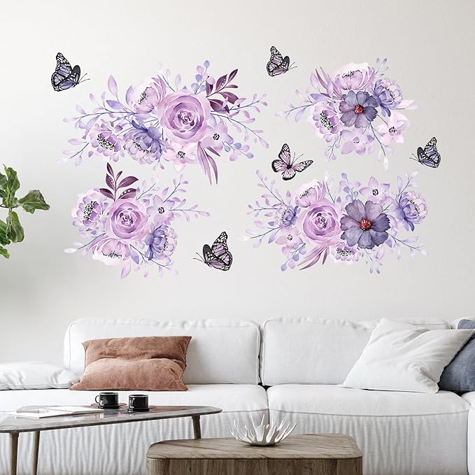 Zonon 6 Pcs Flowers Wall Decals Stickers Vinyl Removable Peel and Stick Colorful Dragonflies Floral Wall Murals Decor for Bedroom Living Room Nursery(Flower and Butterfly)