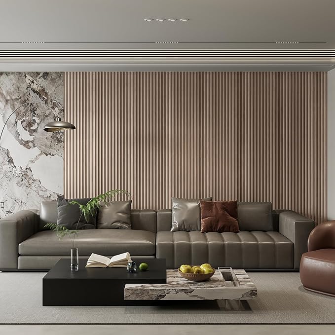 YLL YLL 6-Pack Slat Wall Panel with 2 Trims Wood Grain Slat Wall 96" x 6.2" WPC Slats 3D Wall Panels Oak Grille