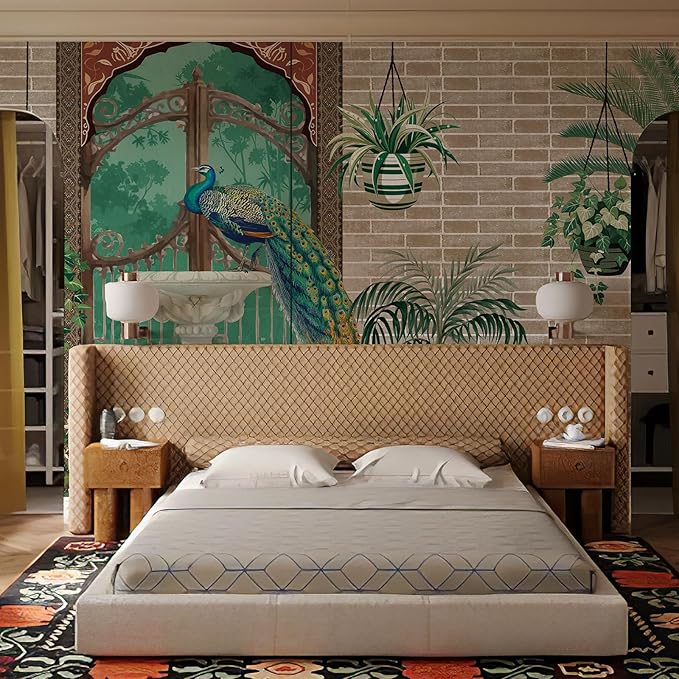 Zeeko Exotic Tropical Green Wall Mural Peel and Stick 148" W x 110" H Large Botanical Indian Garden Wallpaper with Peacock Self-Adhesive Canvas Mural for Living Room Accent Wall Bathroom