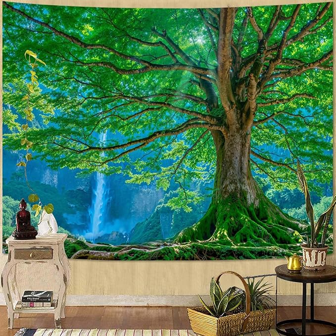 Zussun Nature Forest Mountain Tapestry Big Green Tree Tapestry for Bedroom Aesthetic Mountain Waterfall Landscape Large Tapestries Wall Hanging for Dorm Living Room Decor 80 x 60 Inch