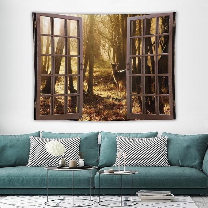ZhiRain Forest Tapestry Wall Hanging Natural Forest And Deer at Sunset Pattern Tapestries Home Decor for Living Room Bedroom Apartment Farmhouse Dorm 60"x80"