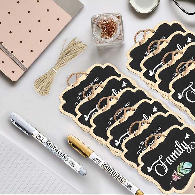 24 Pack Chalkboard Tags with String, 2.36x3.35 Inch Mini Wood Chalkboards Signs with Gold and Silver Markers, Hanging Chalkboard Labels Massage Board Signs, Price Tags