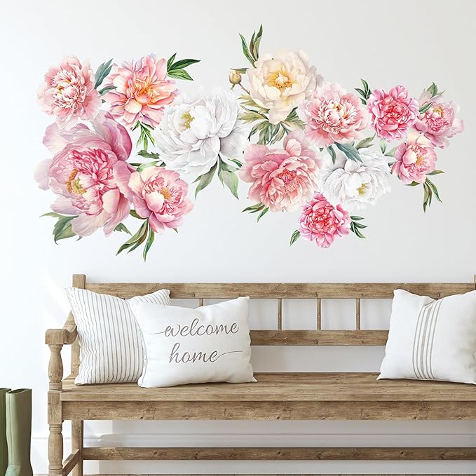 Zonon 6 Pcs Flowers Wall Decals Stickers Vinyl Removable Peel and Stick Colorful Dragonflies Floral Wall Murals Decor for Bedroom Living Room Nursery(Colorful Peony)