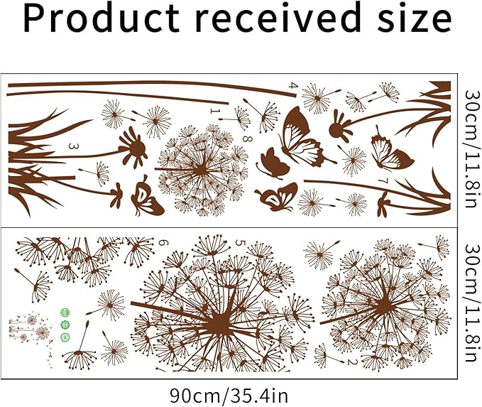2 Sheets Dandelion Wildflower Wall Decals Art, Wall Art Stickers Peel and Stick Floral Butterflies Flying Decor for Girls Kids Women Baby Nursery Living Room Bedroom Bathroom Hallway Stairwell (Brown)