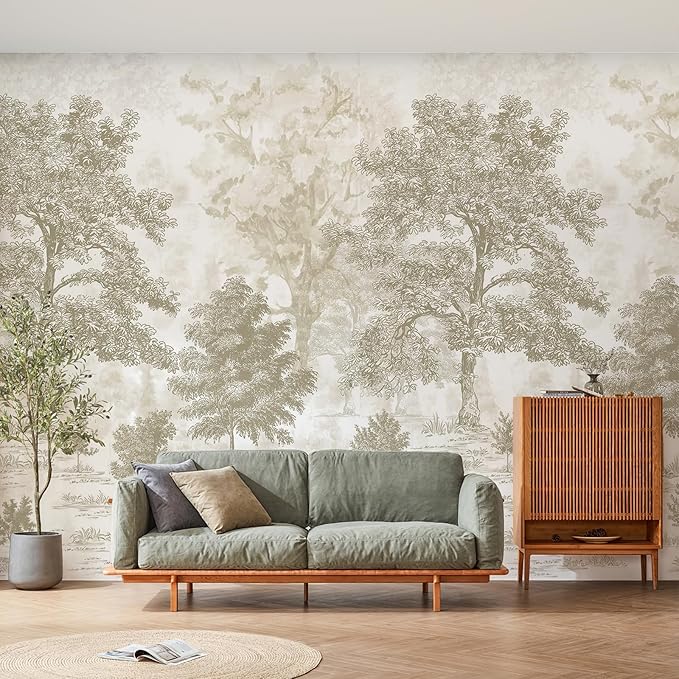 Zeeko Vintage Forest Wall Mural Peel and Stick 177" W x 110" H Beige Tree Wallpaper Self-Adhesive Large Nature Landscapes Murals Canvas Wall Decor for Bedroom Bathroom