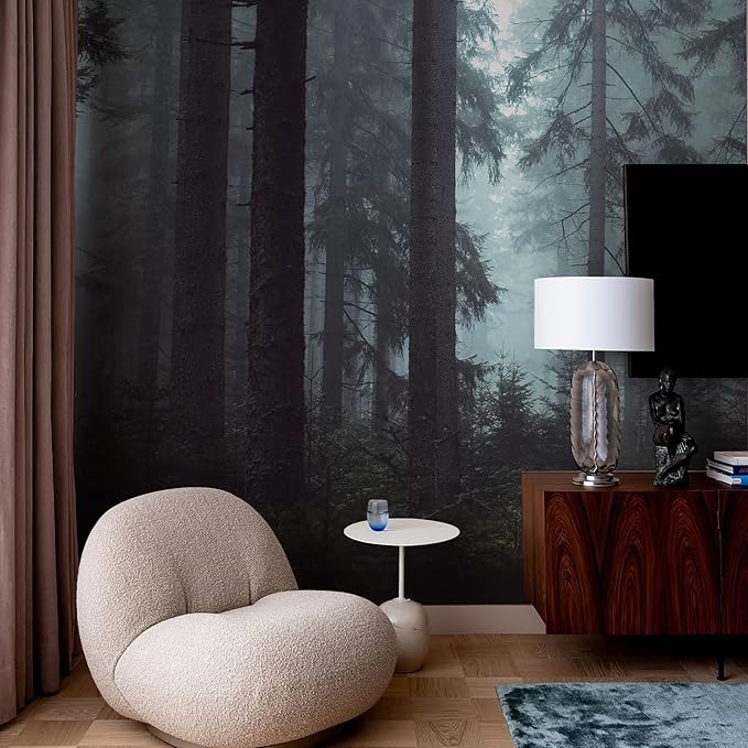 Zeeko Dark Foggy Forest Wall Mural Peel and Stick 148" Wx 98" H Misty Woodland Pine Tree Self Adhesive Removable Wallpaper Large Canvas Waterproof Landscape Mural for Bedroom