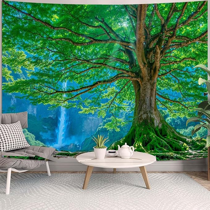 Zussun Nature Forest Mountain Tapestry Big Green Tree Tapestry for Bedroom Aesthetic Mountain Waterfall Landscape Small Tapestries Wall Hanging for Dorm Living Room Decor 48 x 36 Inch